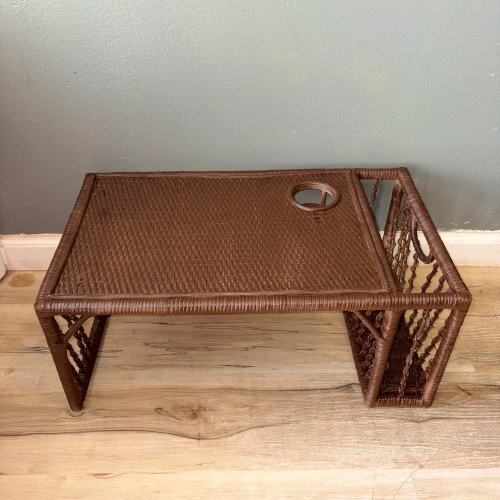 Vtg Woven Wicker Bed Tray Lap Desk with Cup Holder and Side Magazine Pocket